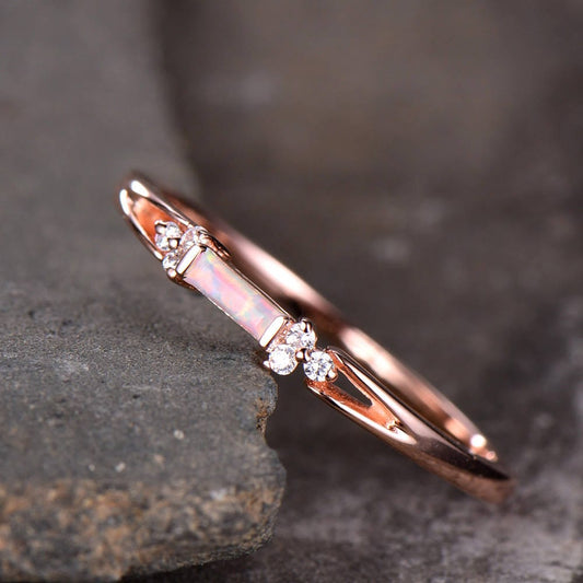 Opal Wedding Band Opal Wedding Ring with CZ Diamonds Ring Art Deco design Baguette Cut Ring 925 Sterling Silver Rose Gold Plated