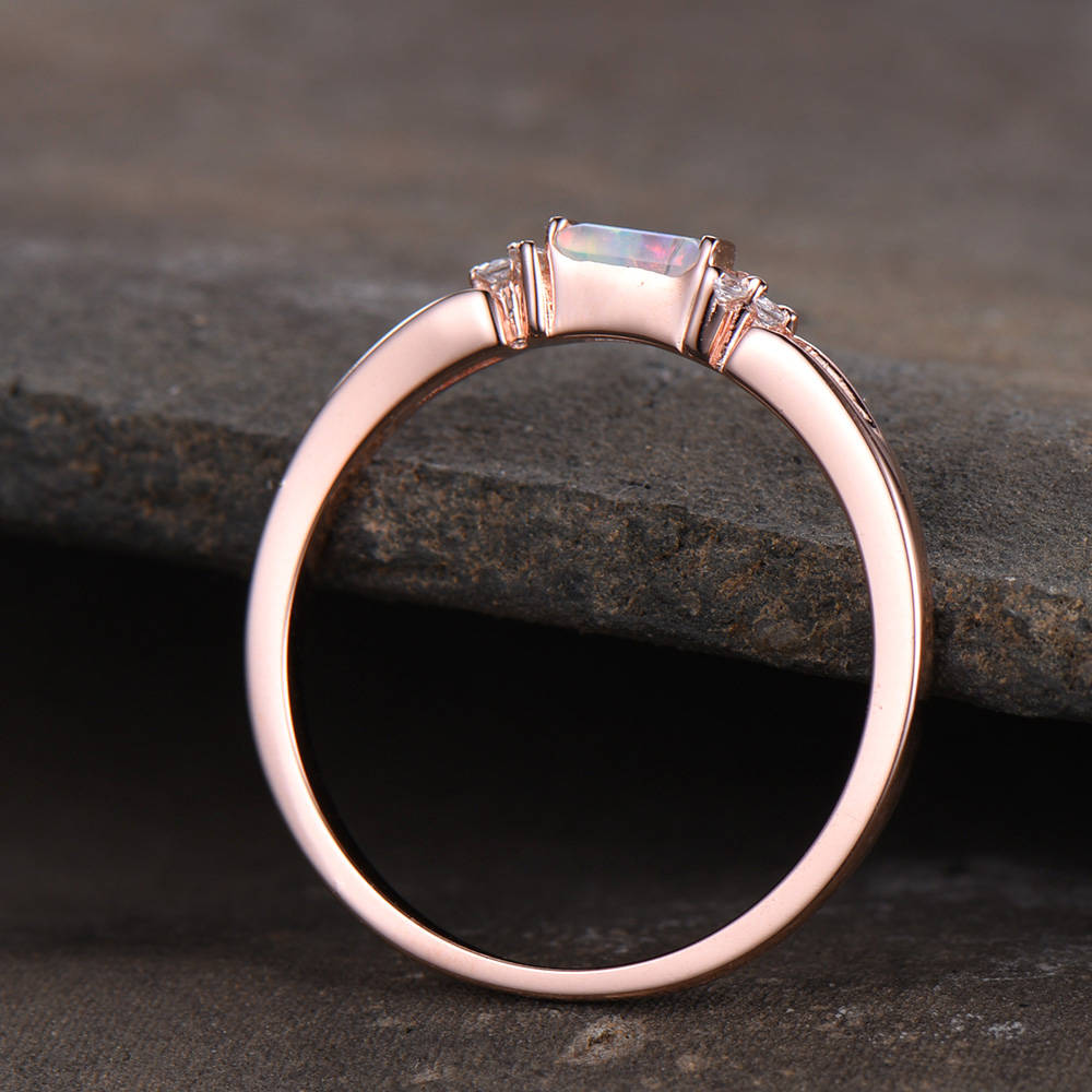 Opal Wedding Band Opal Wedding Ring with CZ Diamonds Ring Art Deco design Baguette Cut Ring 925 Sterling Silver Rose Gold Plated