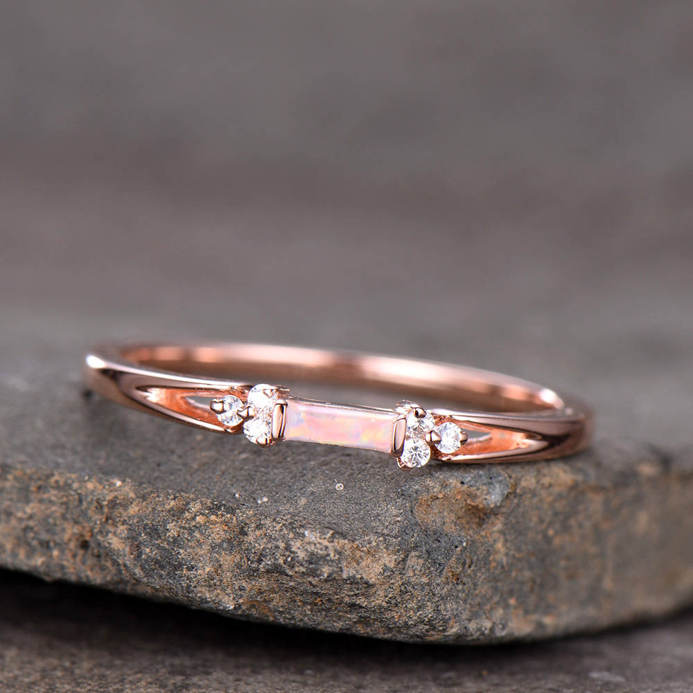 Opal Wedding Band Opal Wedding Ring with CZ Diamonds Ring Art Deco design Baguette Cut Ring 925 Sterling Silver Rose Gold Plated