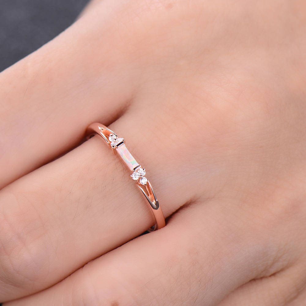 Opal Wedding Band Opal Wedding Ring with CZ Diamonds Ring Art Deco design Baguette Cut Ring 925 Sterling Silver Rose Gold Plated