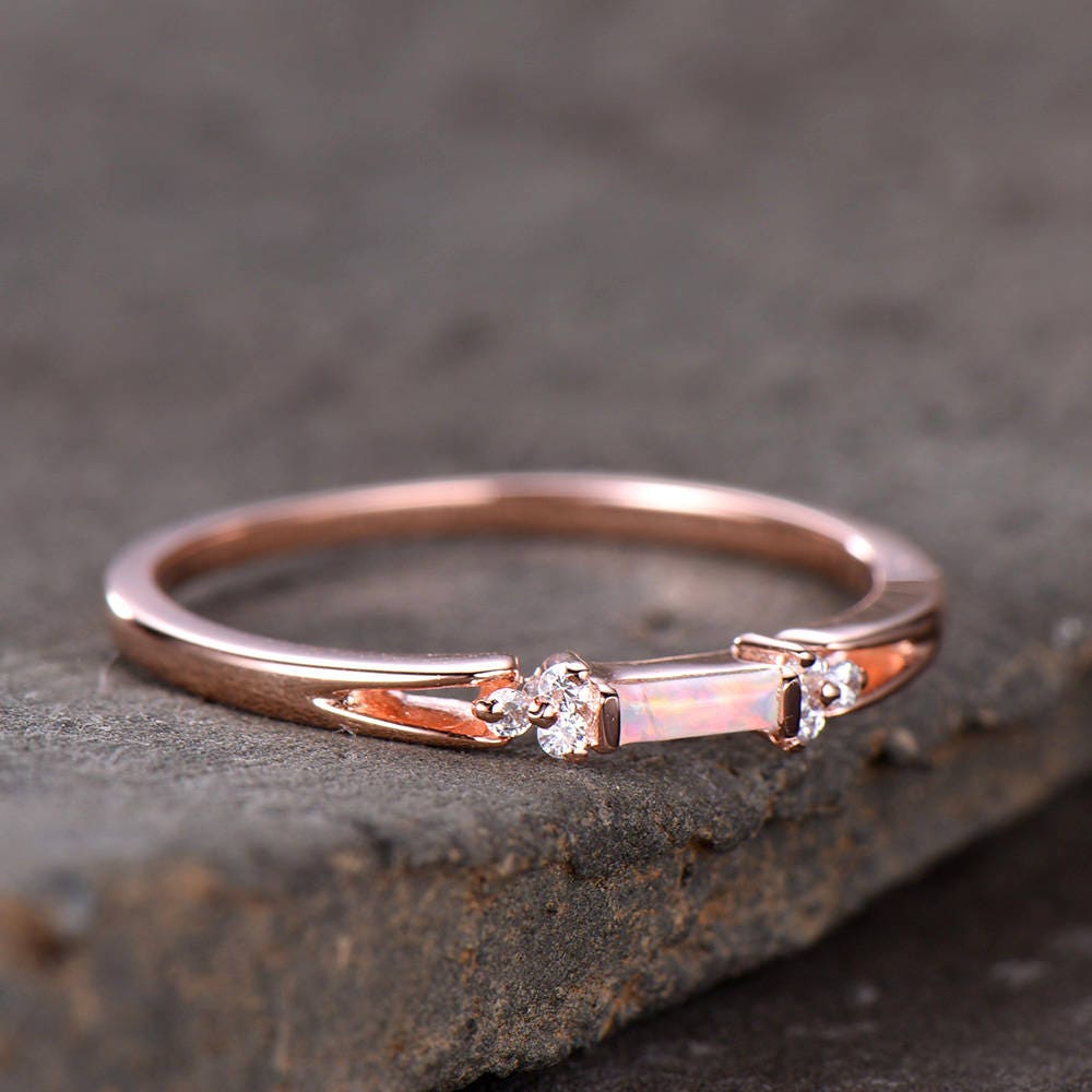 Opal Wedding Band Opal Wedding Ring with CZ Diamonds Ring Art Deco design Baguette Cut Ring 925 Sterling Silver Rose Gold Plated