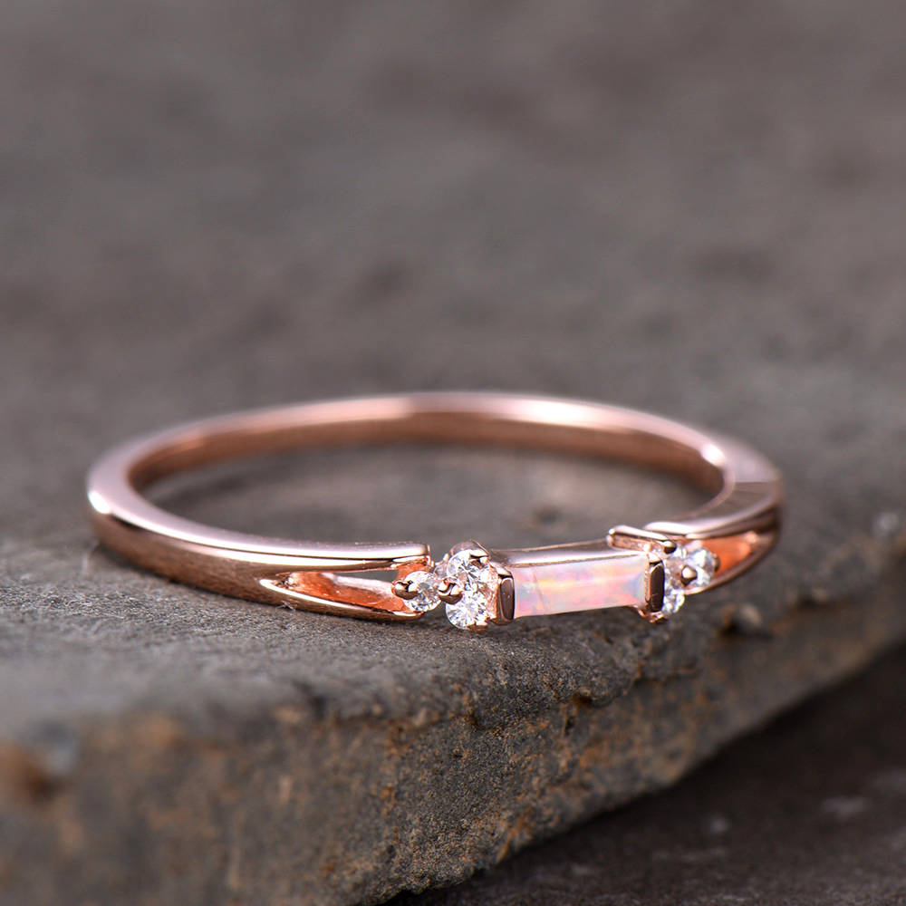 Opal Wedding Band Opal Wedding Ring with CZ Diamonds Ring Art Deco design Baguette Cut Ring 925 Sterling Silver Rose Gold Plated