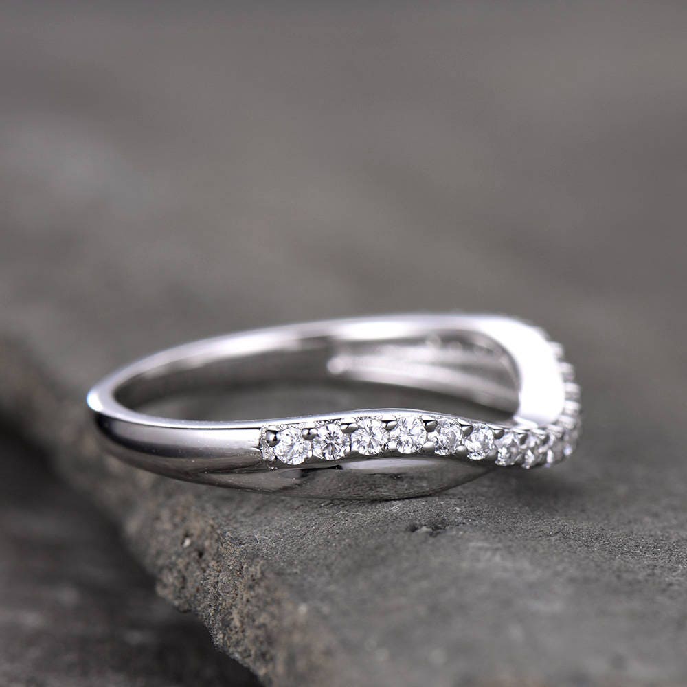 Curve Wedding Band Plain White Gold Band Unique Wedding Ring Chevron Ring CZ Man Made Diamond Eternity Band 925 Sterling Silver Ring