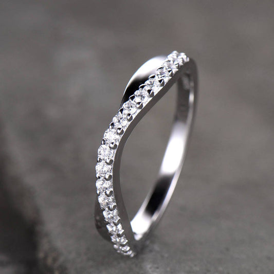 Curve Wedding Band Plain White Gold Band Unique Wedding Ring Chevron Ring CZ Man Made Diamond Eternity Band 925 Sterling Silver Ring