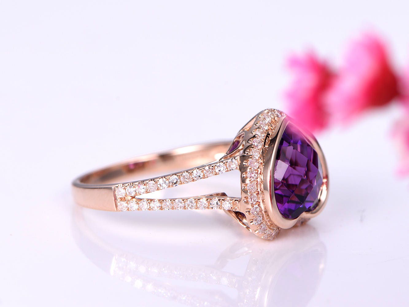 Heart shape amethyst ring 3.75ct natural amethyst engagement ring diamond ring split shank diamond wedding band 14k rose gold Christmas gift