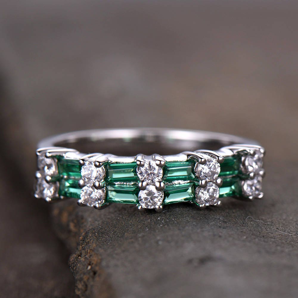 Emerald Wedding Band Stacking Ring Emerald Ring Vintage Wedding Ring Set CZ Half Eternity Anniversary Ring Silver White Gold Plated