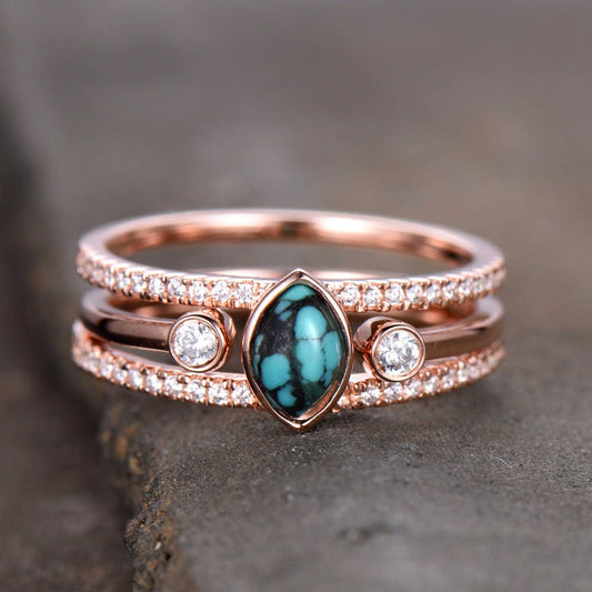 Turquoise Ring Sterling Silver Vintage Turquoise Wedding Ring Set 4x6mm Marquise December Birthstone Unique CZ Diamond Band Rose Gold Plate