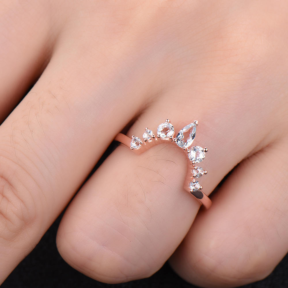Crown Wedding Band Aquamarine Wedding Band Curve Wedding Ring Stacking Ring Chevron Ring Rose Gold Plated Sterling Silver Anniversary Ring