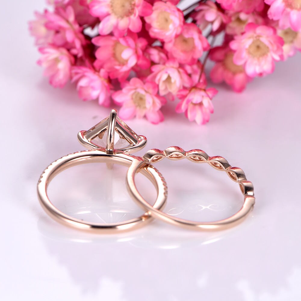 Morganite ring set princess cut morganite engagement ring 6.5mm pink gemstone art deco half eternity diamond wedding band 14k rose gold