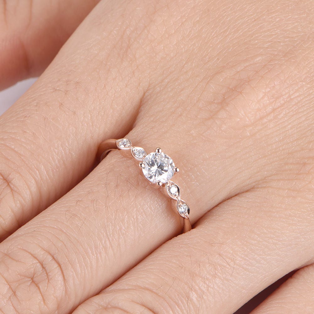 Danity moissanite engagement ring 5mm round cut moissanite 14k white gold art deco diamond wedding band bridal promise ring gift for her