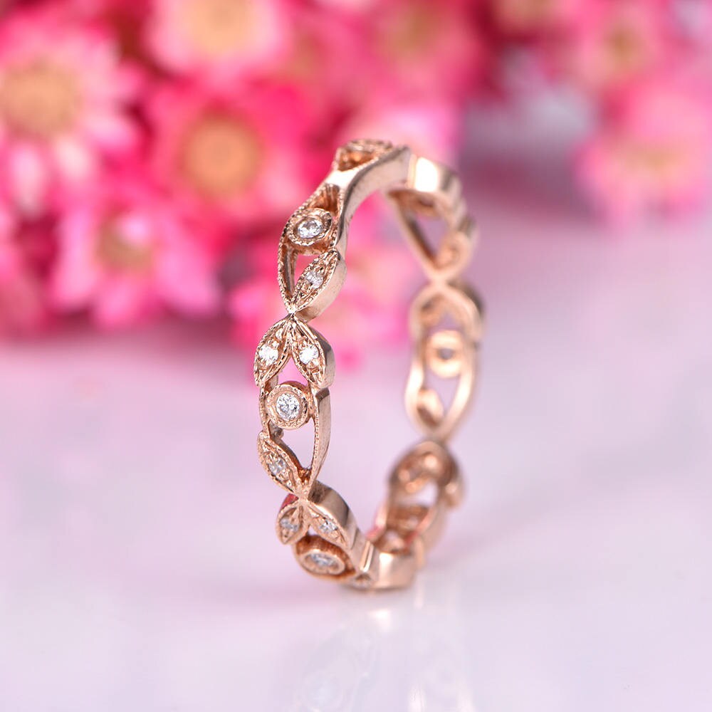 Floral diamond wedding band rose gold full eternity wedding ring infinity stacking matching band bridal ring anniversary Christmas gift