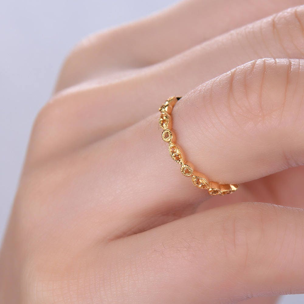 Art Deco Citrine Wredding Ring Dainty Stackable Ring Matching Band Citrine Ring Gold Plated Sterling Silver Anniversary Ring Marquise