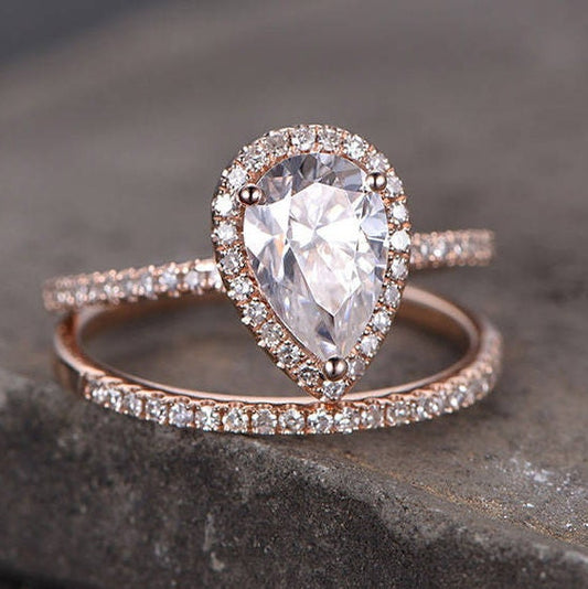 Pear Cut Engagement Ring 6x8mm CZ Wedding Ring Set Man Made Diamond Eternity Wedding Band Sterling Silver Bridal Set Rose Gold Plated 2PCS