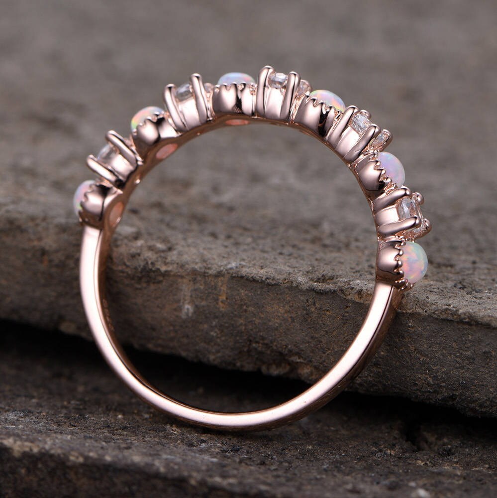 Opal Wedding Ring/Opal ring/Opal Wedding Band/Rose Gold Plated/Sterling Silver/CZ Diamond Enternity band/Vintage Opal Diamond Ring/