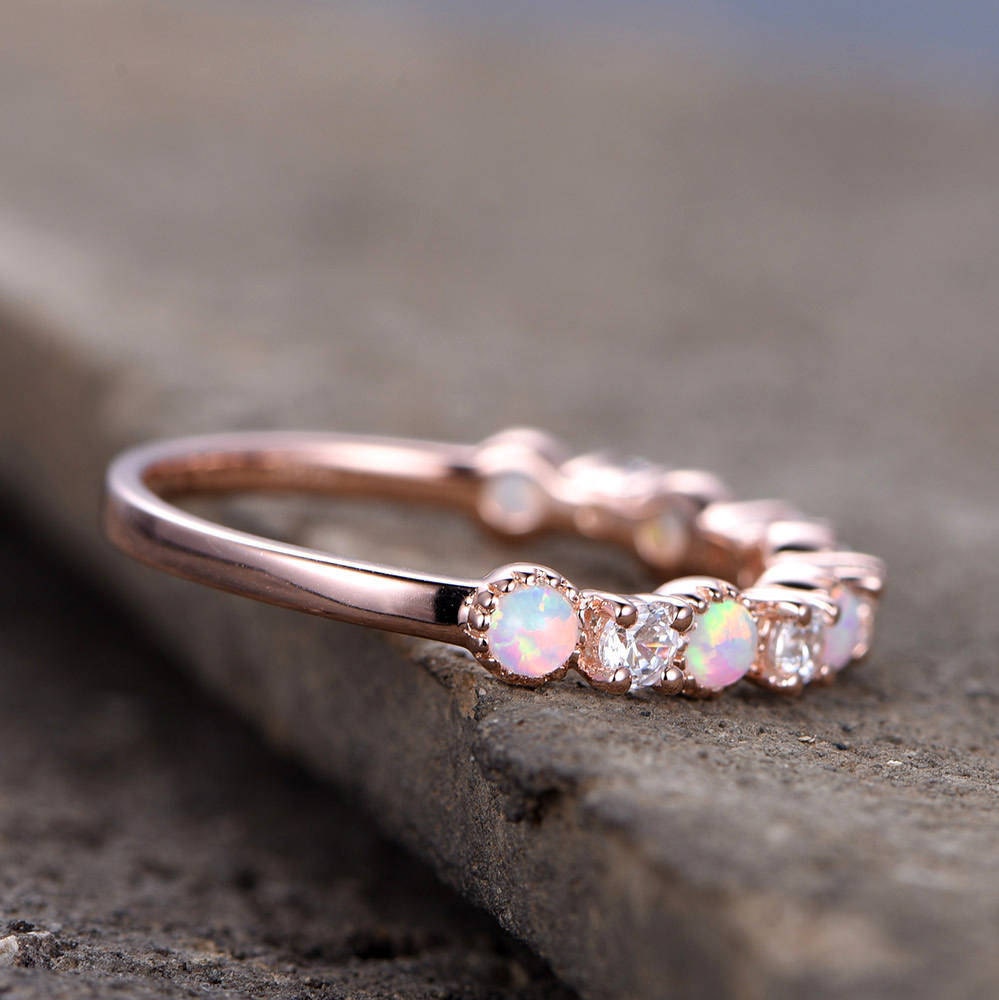 Opal Wedding Ring/Opal ring/Opal Wedding Band/Rose Gold Plated/Sterling Silver/CZ Diamond Enternity band/Vintage Opal Diamond Ring/
