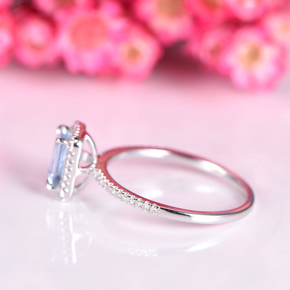 Aquamarine ring emerald cut aquamarine engagement ring 5x7mm natural main stone diamond band diamond halo solid 14k white gold bridal ring