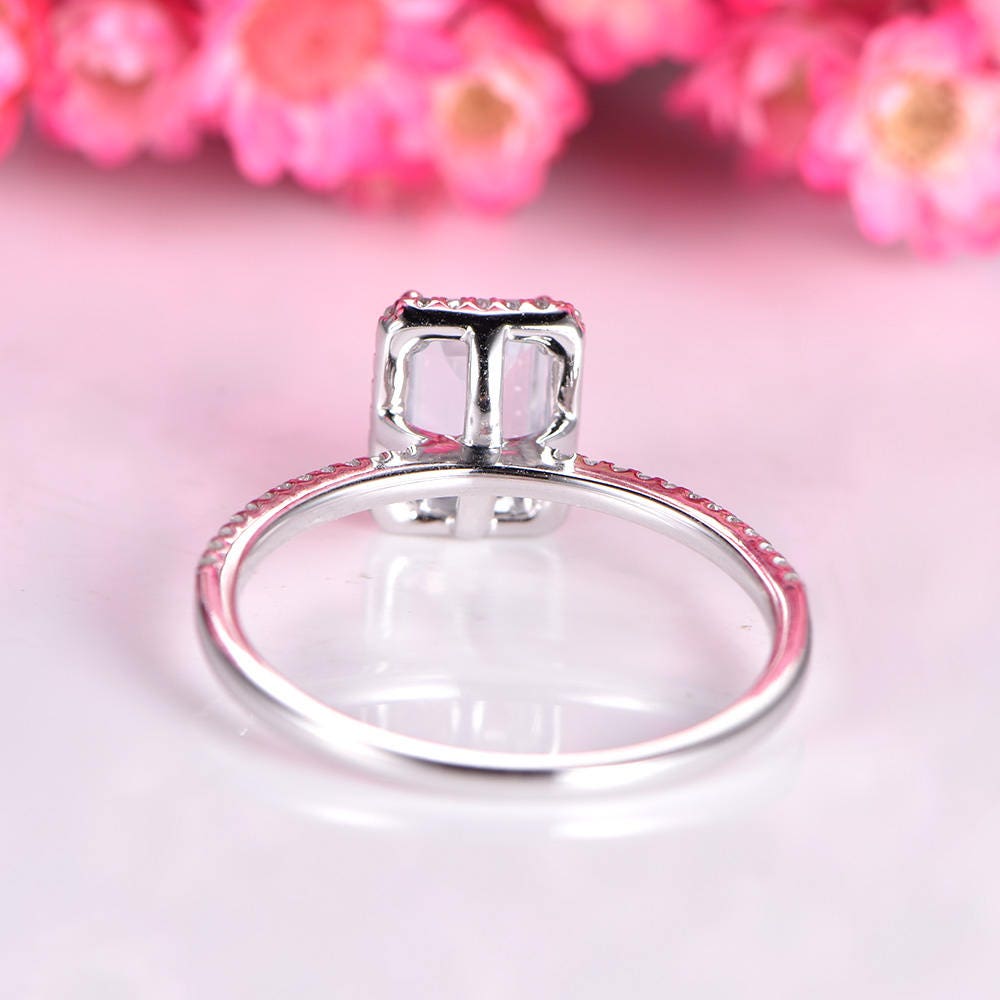 Aquamarine ring emerald cut aquamarine engagement ring 5x7mm natural main stone diamond band diamond halo solid 14k white gold bridal ring