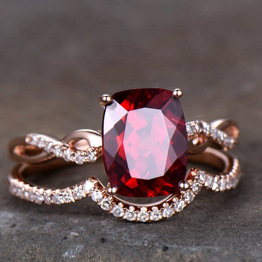 Infinity Garnet Engagement Ring Curve Wedding Band 8x10mm Cushion Cut Red Gemstone Promise Ring Rose Gold Plated Sterling Silver Bridal Set