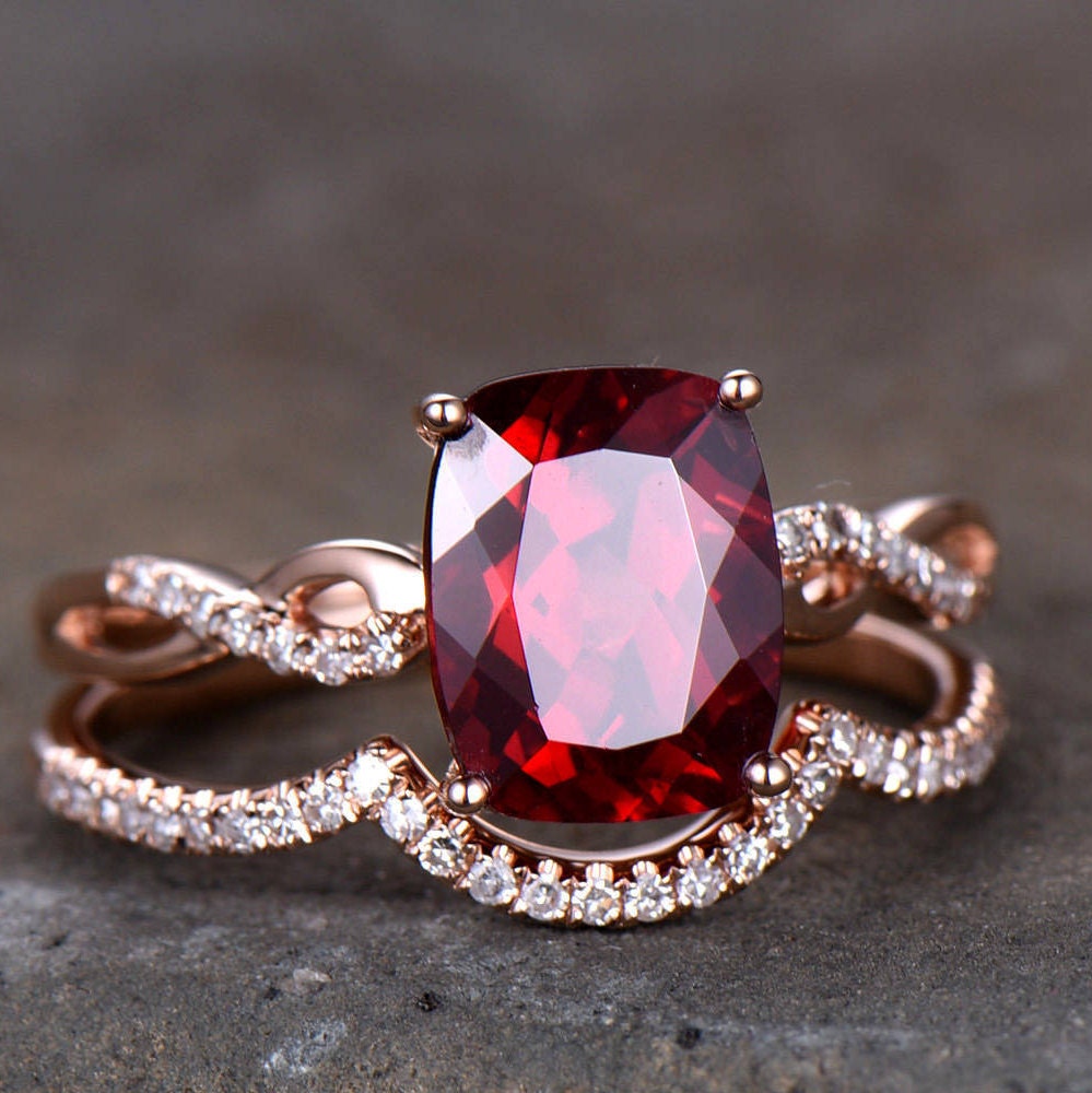 Infinity Garnet Engagement Ring Curve Wedding Band 8x10mm Cushion Cut Red Gemstone Promise Ring Rose Gold Plated Sterling Silver Bridal Set