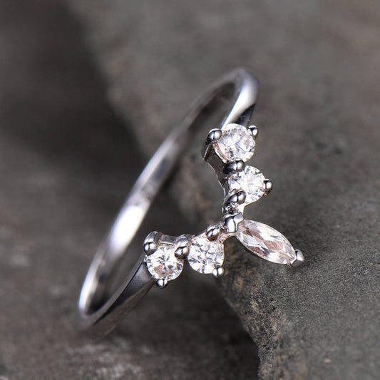 Crown Wedding Band White Topaz Wedding Band Curve Wedding Ring Stacking Ring Chevron Ring White Gold Plated Sterling Silver Anniversary Ring