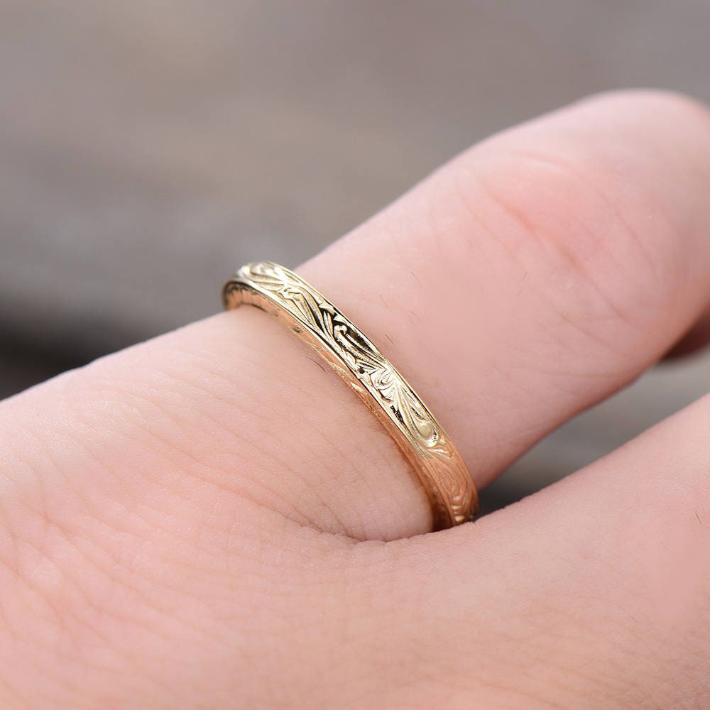 Vintage Filigree Wedding Band Antique Plain Gold Wedding Ring Art deco band Bridal wedding ring Promise Anniversary gift for her