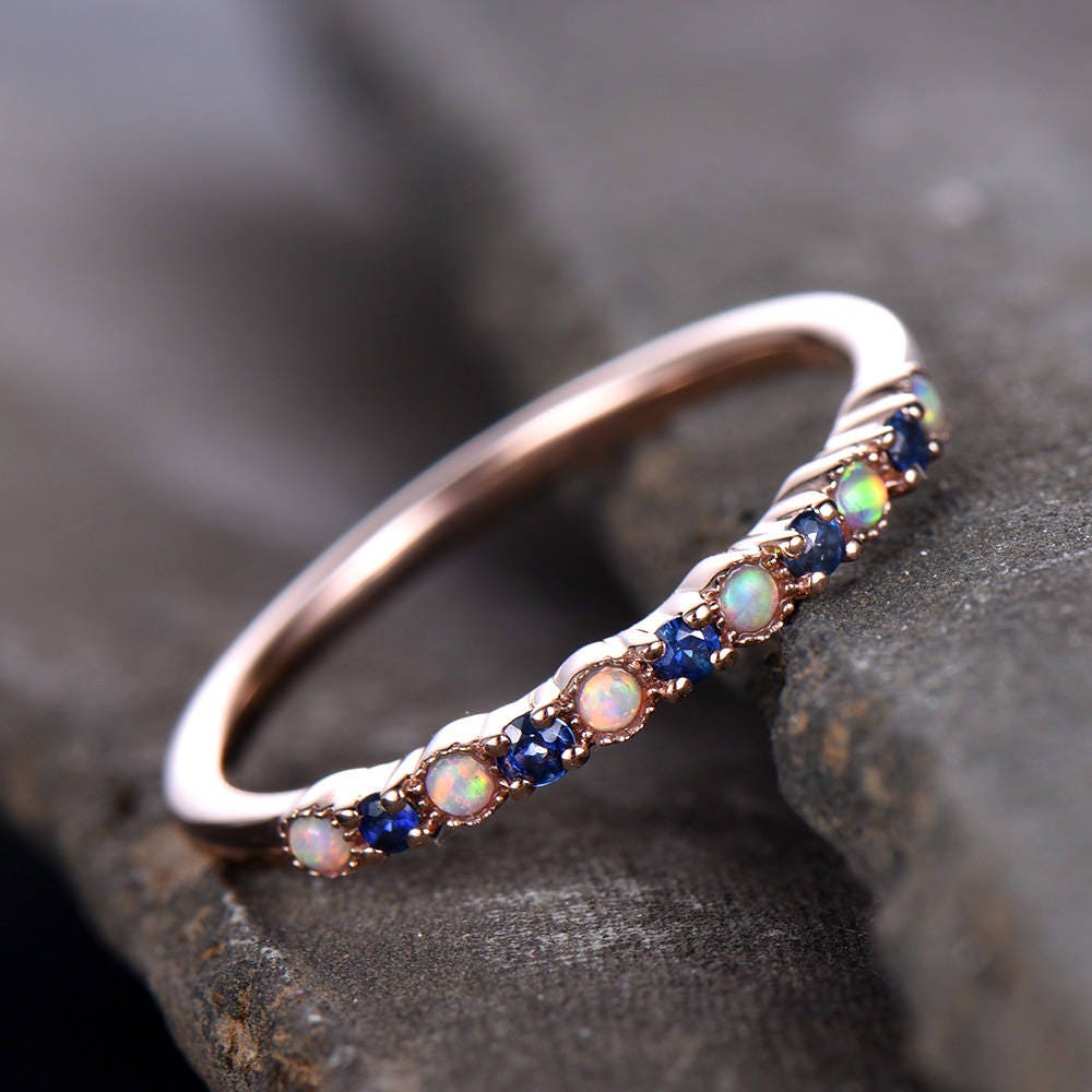 Opal Wedding Ring Opal Sapphire Wedding Band Half Eternity Matching Band Rose Gold Plated Sterling Silver 10K/14K Rose Gold Anniversary Ring
