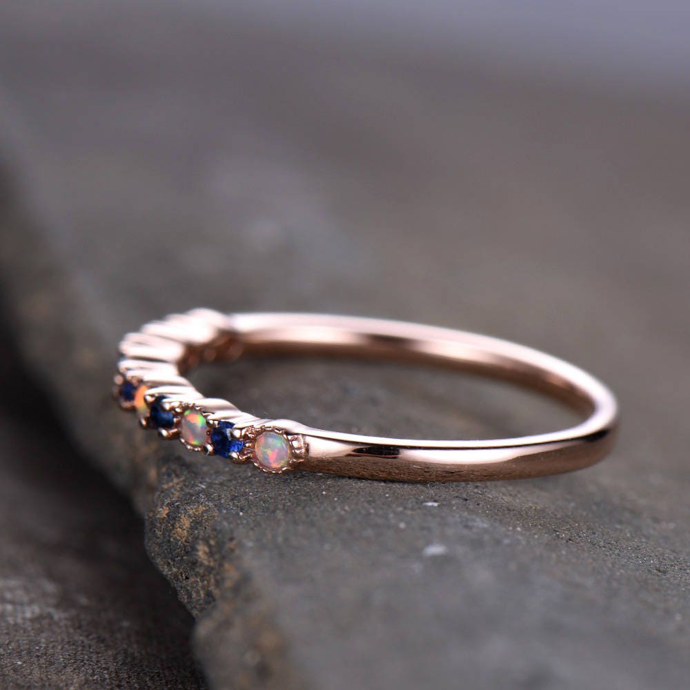Opal Wedding Ring Opal Sapphire Wedding Band Half Eternity Matching Band Rose Gold Plated Sterling Silver 10K/14K Rose Gold Anniversary Ring