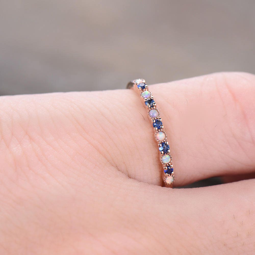 Opal Wedding Ring Opal Sapphire Wedding Band Half Eternity Matching Band Rose Gold Plated Sterling Silver 10K/14K Rose Gold Anniversary Ring