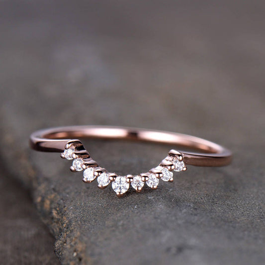 Crown Wedding Band Curve Wedding Band CZ Wedding Ring Stacking Ring Chevron Ring Rose Gold Plated Sterling Silver Anniversary Ring