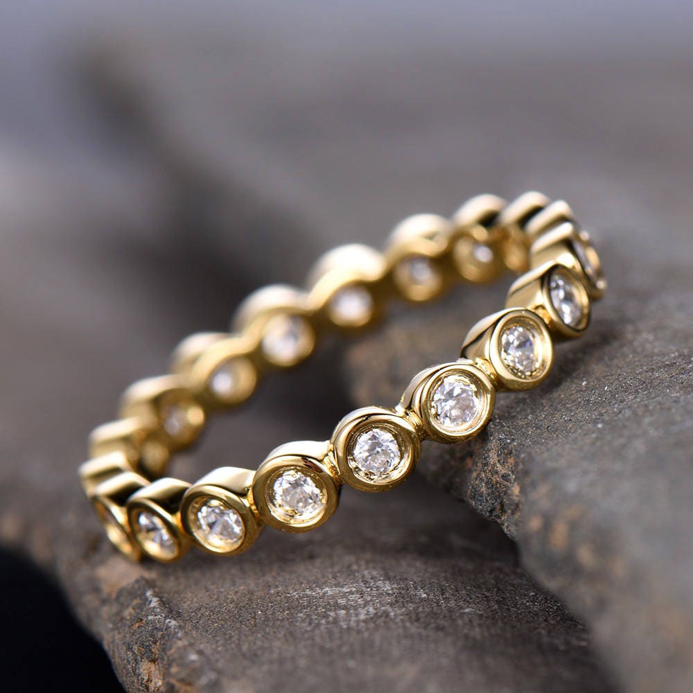 CZ Diamond Eternity Band Bezel Set Ring Bubble Stacking Ring Wedding Band Sterling Silver Matching Band Yellow Gold Plated Anniversary Ring