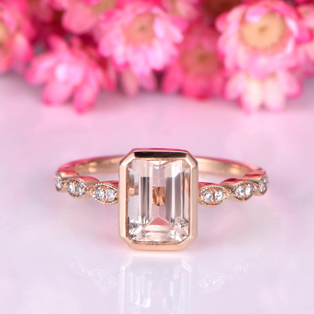 Bezel set morganite engagement ring 6x8mm emerald cut morganite art deco diamond wedding band 14k rose gold promise ring milgrain style ring