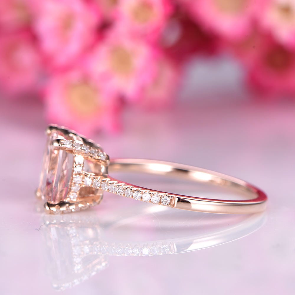 Big morganite engagement ring 8mm cushion cut morganite ring delicate diamond wedding band 14k rose gold promise ring solitaire ring