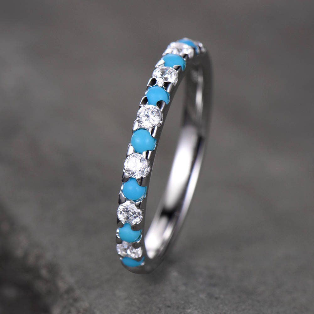 Turquoise Ring Half Eternity Wedding Band CZ Diamond Eternity Band Sterling Silver Anniversary Ring White Gold Plated Matching Band