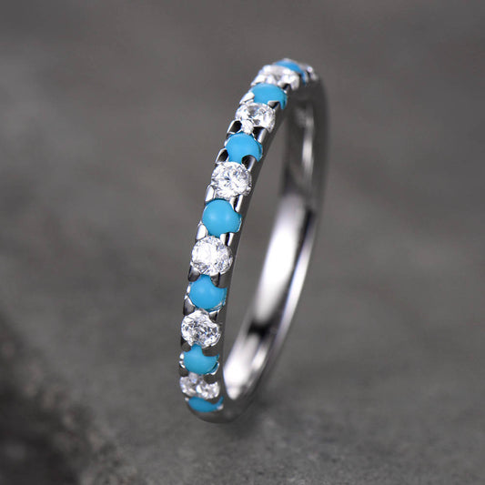 Turquoise Ring Half Eternity Wedding Band CZ Diamond Eternity Band Sterling Silver Anniversary Ring White Gold Plated Matching Band