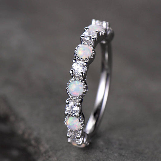 Opal Wedding Band Opal Ring White Gold Plated Sterling Silver CZ Diamond Enternity Band Anniversary Ring Matching Band