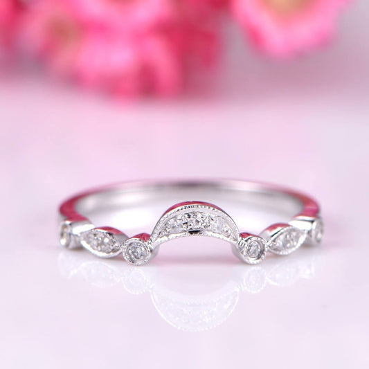 Curved diamond wedding band half eternity ring diamond matching band solid 14k white gold art deco petite ring milgrain ring customized