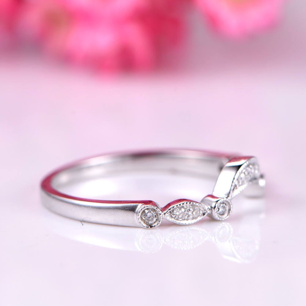 Curved diamond wedding band half eternity ring diamond matching band solid 14k white gold art deco petite ring milgrain ring customized