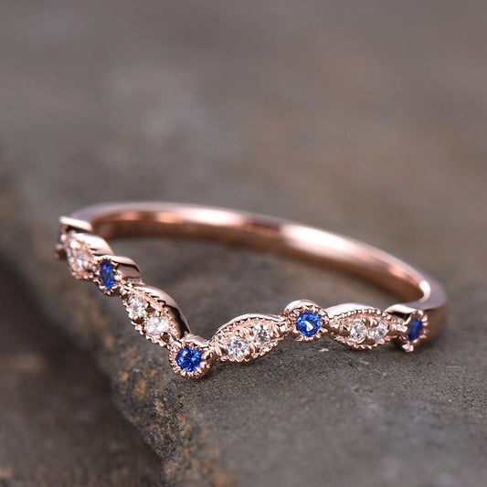 Curve Wedding Ring Art Deco Wedding Band Blue Sappire Band CZ V Ring Stacking Matching Band Silver Rose Gold Plated Milgrain Marquise Ring