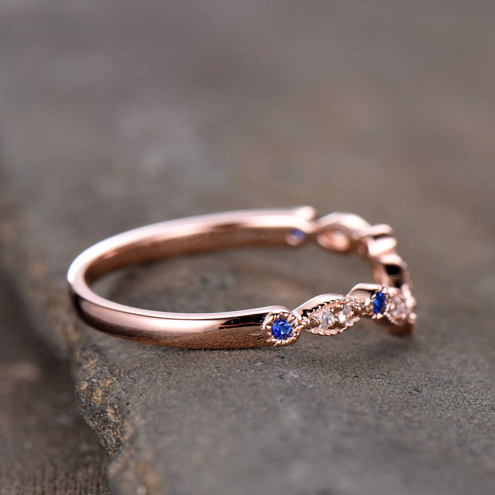 Curve Wedding Ring Art Deco Wedding Band Blue Sappire Band CZ V Ring Stacking Matching Band Silver Rose Gold Plated Milgrain Marquise Ring