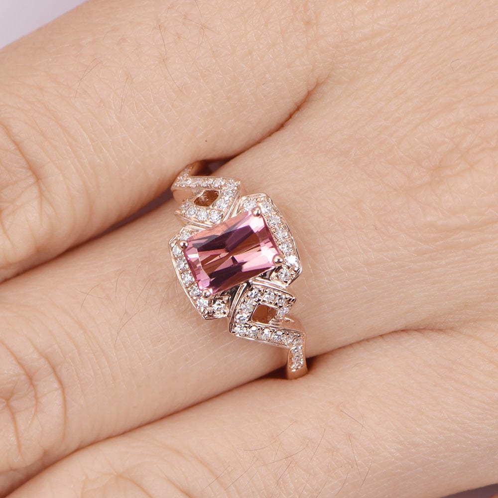 Pink Tourmaline engagement ring diamond ring 5x7mm emerald cut tourmaline diamond wedding band diamond halo ring 14k rose gold bridal ring