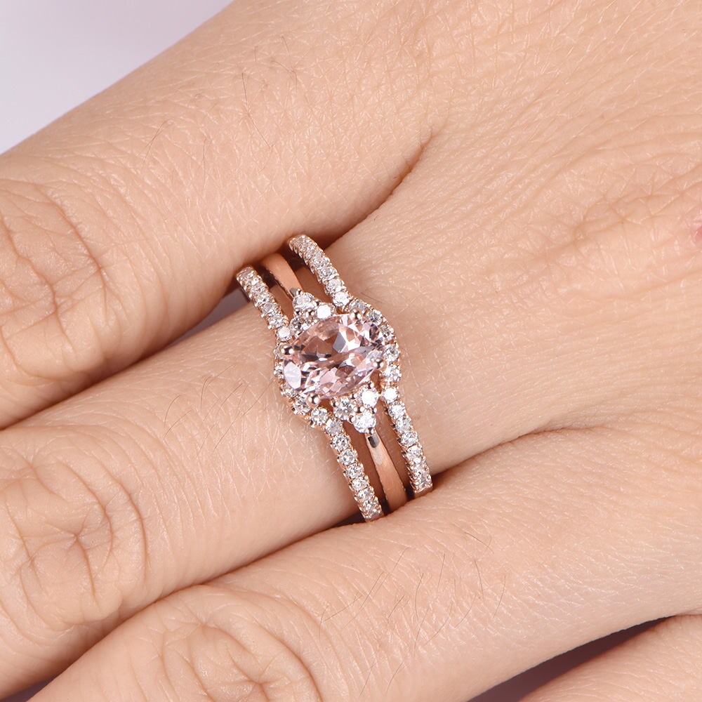 Morganite engagement ring set 5x7mm oval cut natural morganite ring real diamond matching bands solid 14k white gold bridal ring set gift