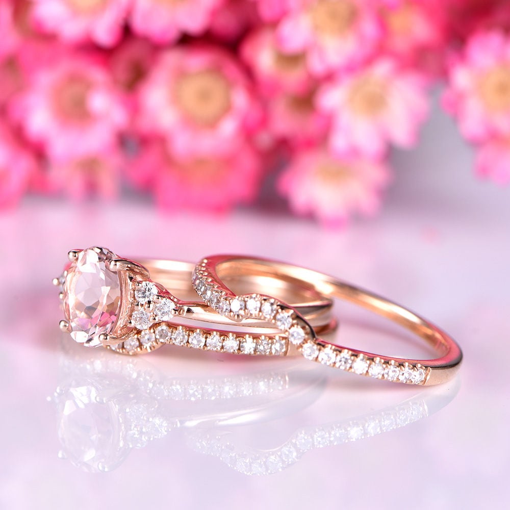Morganite engagement ring set 5x7mm oval cut natural morganite ring real diamond matching bands solid 14k white gold bridal ring set gift