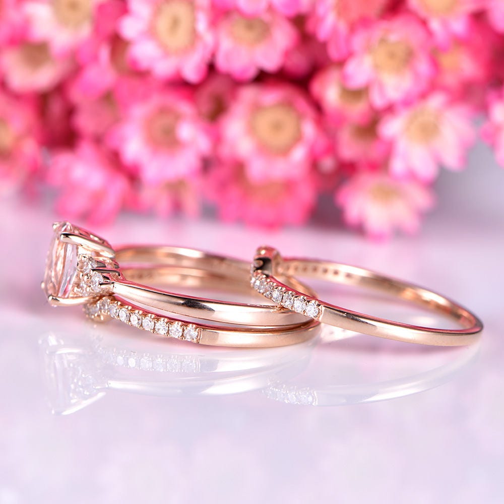 Morganite engagement ring set 5x7mm oval cut natural morganite ring real diamond matching bands solid 14k white gold bridal ring set gift
