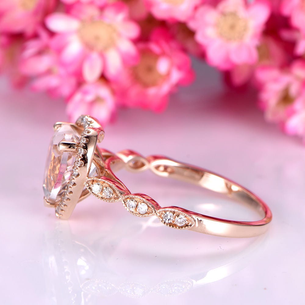 Morganite engagement ring 8mm heart pink morganite ring art deco diamond wedding band halo ring solid 14k rose gold bridal ring for women