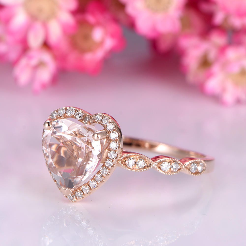 Morganite engagement ring 8mm heart pink morganite ring art deco diamond wedding band halo ring solid 14k rose gold bridal ring for women