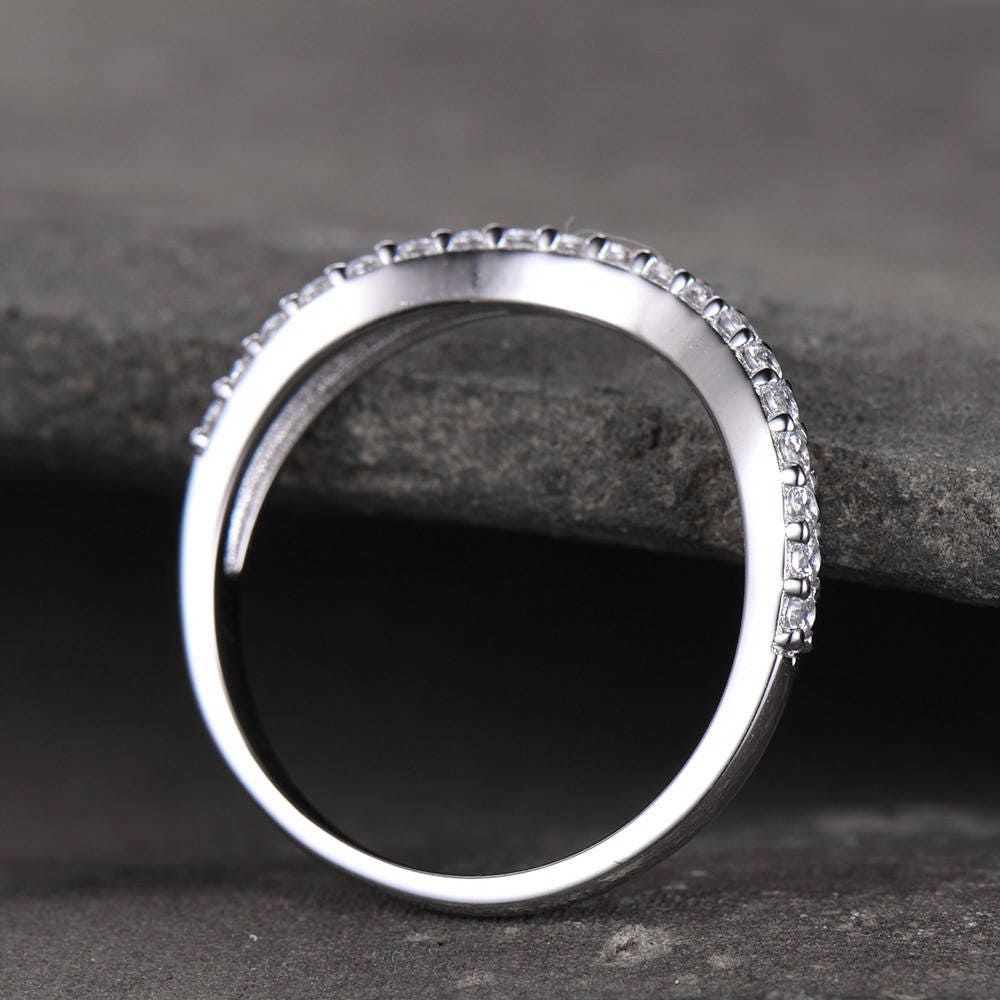 Curve Wedding Band Plain White Gold Band Unique Wedding Ring Chevron Ring CZ Man Made Diamond Eternity Band 925 Sterling Silver Ring