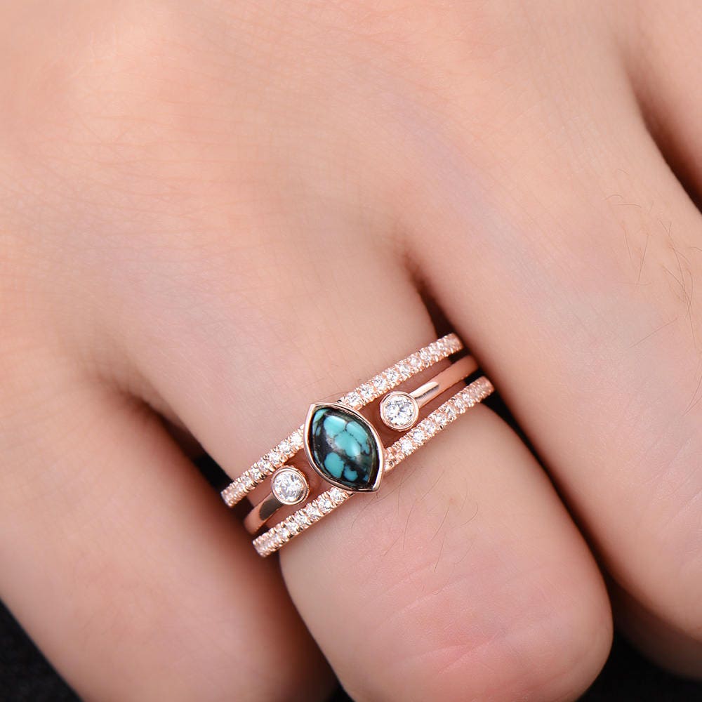 Turquoise Ring Sterling Silver Vintage Turquoise Wedding Ring Set 4x6mm Marquise December Birthstone Unique CZ Diamond Band Rose Gold Plate
