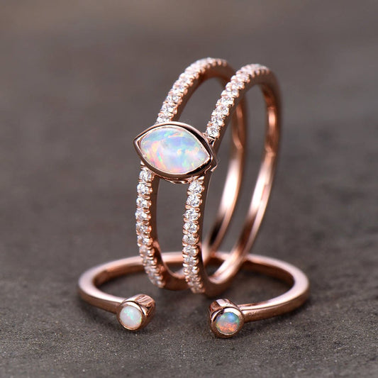Opal Wedding Ring Set Opal Ring Split Shank Engagment Ring Rose Gold Plated Unique Opal Wedding Band Bezel Set Silver Bridal Ring Set