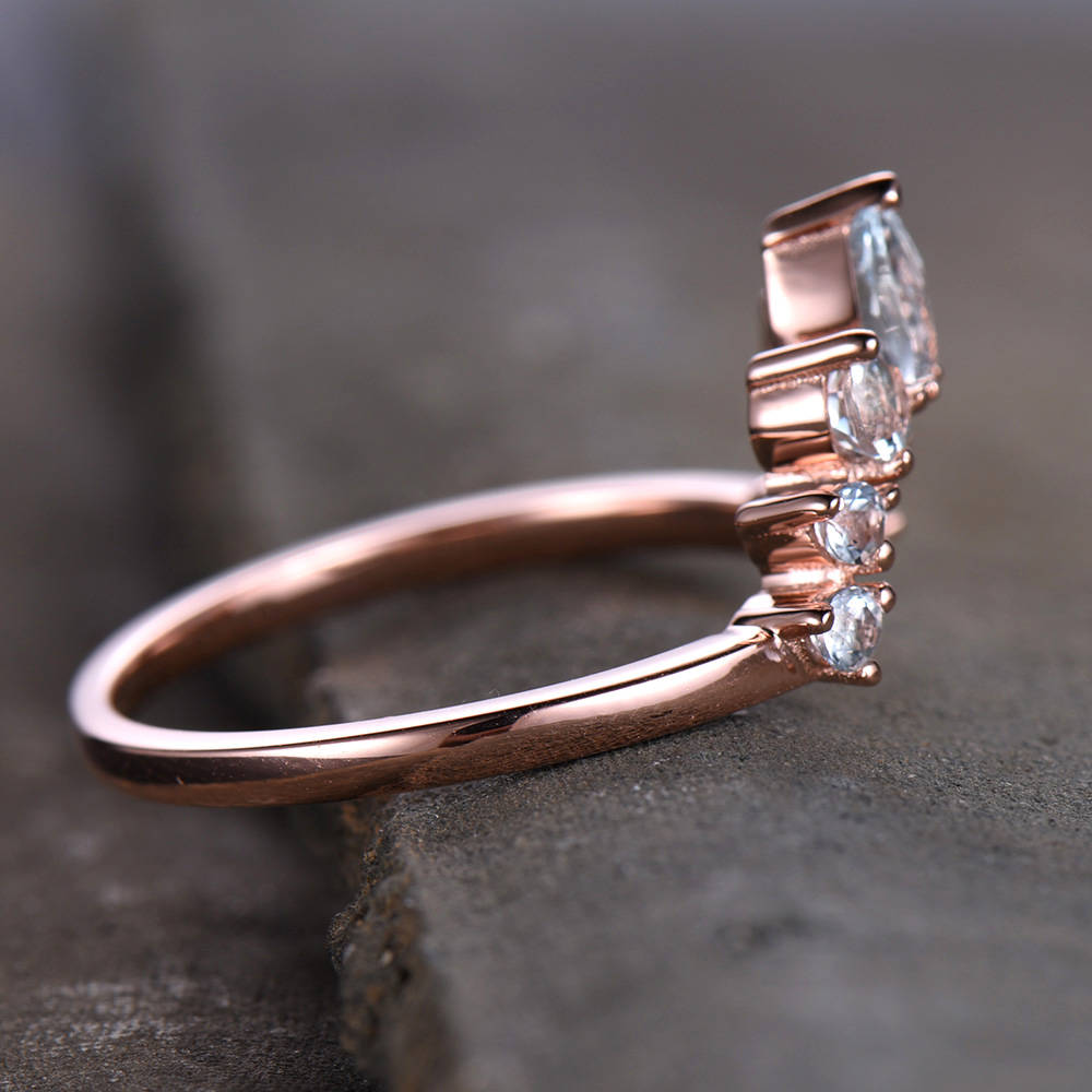 Crown Wedding Band Aquamarine Wedding Band Curve Wedding Ring Stacking Ring Chevron Ring Rose Gold Plated Sterling Silver Anniversary Ring