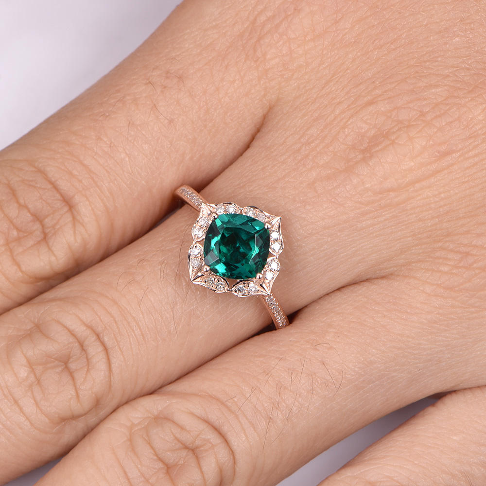Emerald engagement ring 7mm cushion cut lab created emerald ring floral diamond halo diamond wedding band 14k rose gold anniversary ring